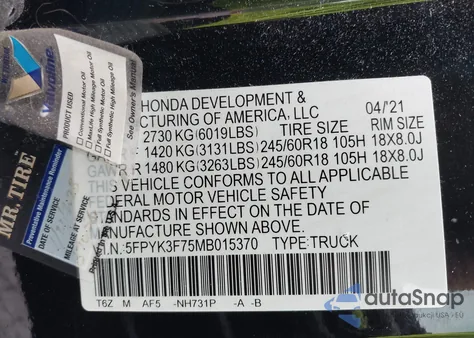 2021 Honda Ridgeline Rtl-E из США, поврежденный, VIN 5FPYK3F75MB015370